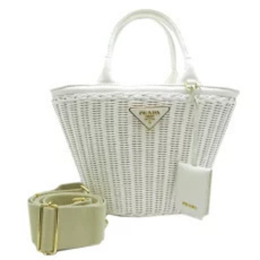 Prada Midollino wicker basket handbag top handles enamel logo White